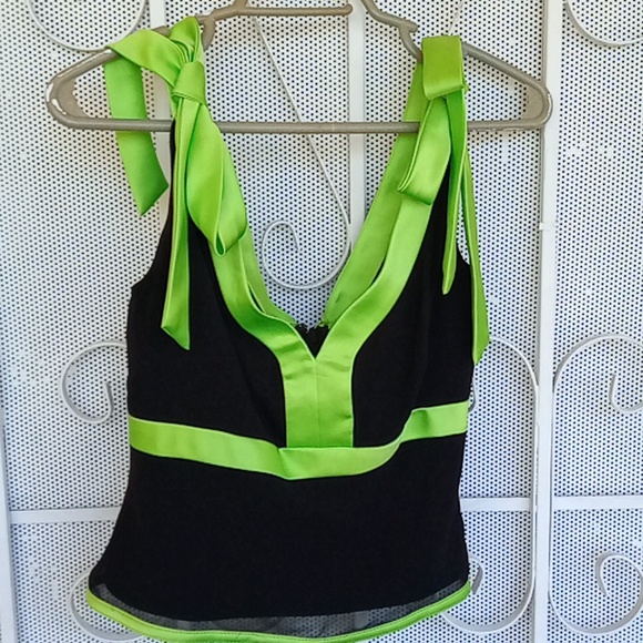 Tadashi  Shoji black with green bows and trim  sleeveless summer top. - Picture 7 of 7